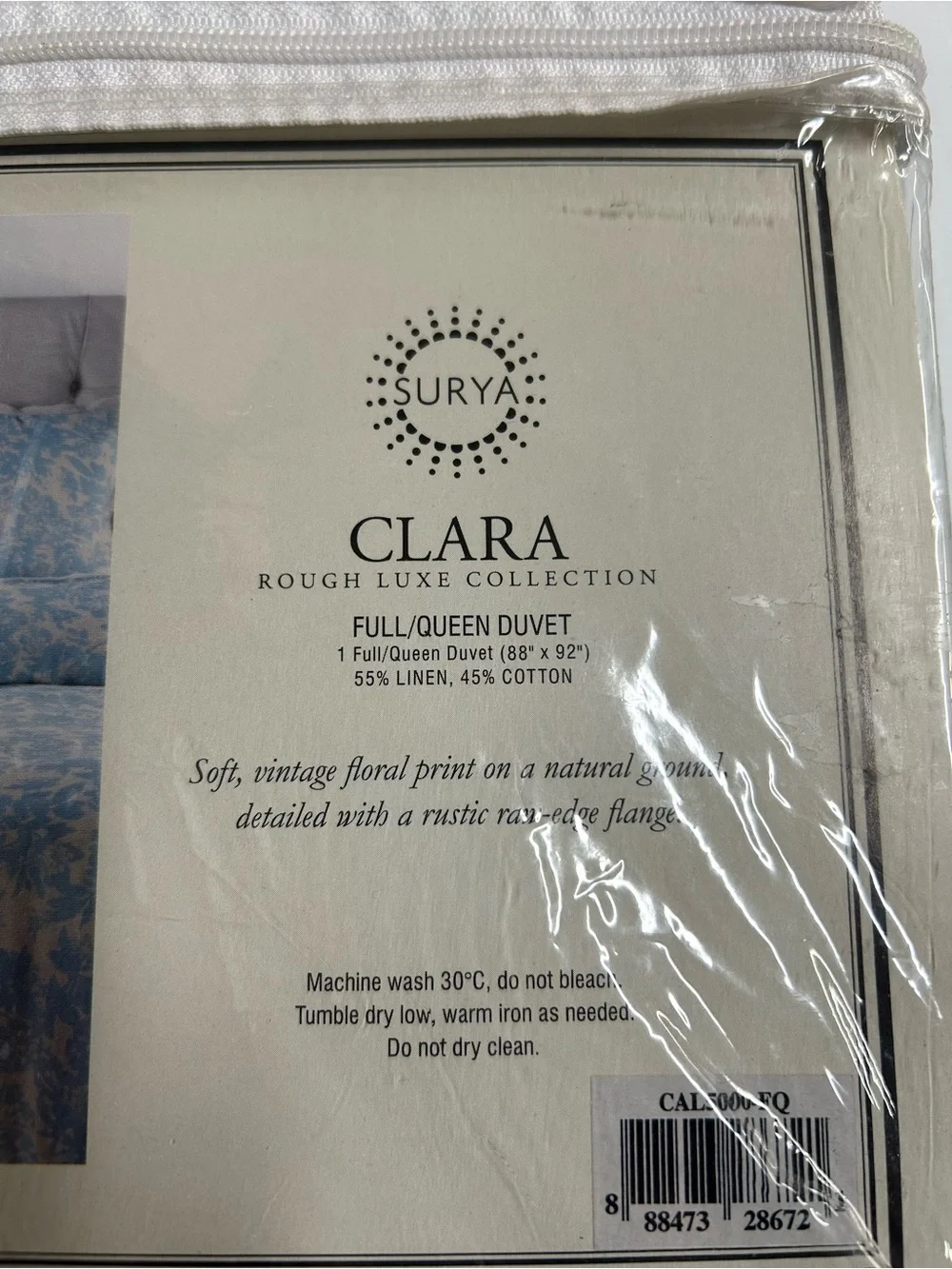 Surya Full Queen Duvet Clara Rough Luxe Blue Floral Linen Cotton 88x92 NEW